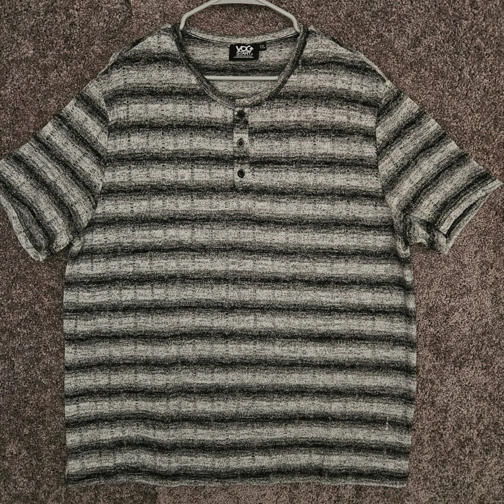 Vog Start Mens XXL Henley Shirt Short Sleeve Striped Textured Knit Grey Black